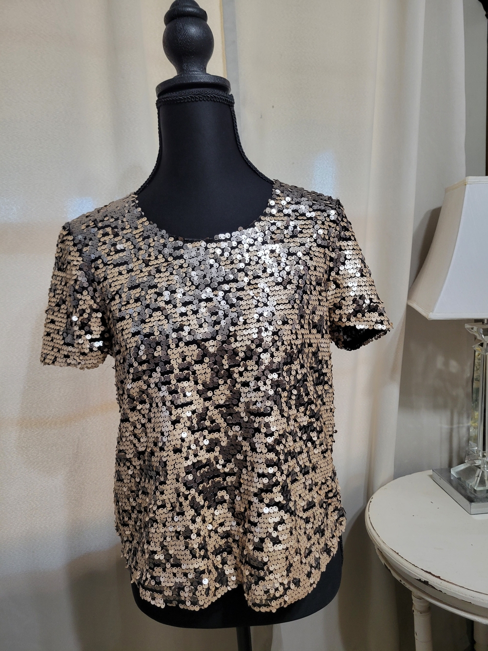 Topshop Gold and Black Sequin Short-Sleeve Tee